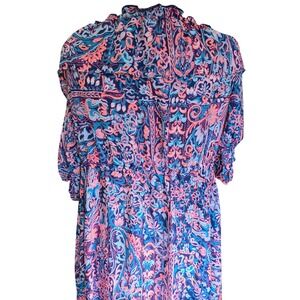 NWT $68 Boutique Navy Blue‎ Coral Paisley Maxi Dress Ruffle Off Shoulder 2X